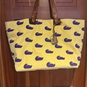 Dooney & Bourke Yellow Canvas Tote with Purple Duck Motif and Brown Leather Trim